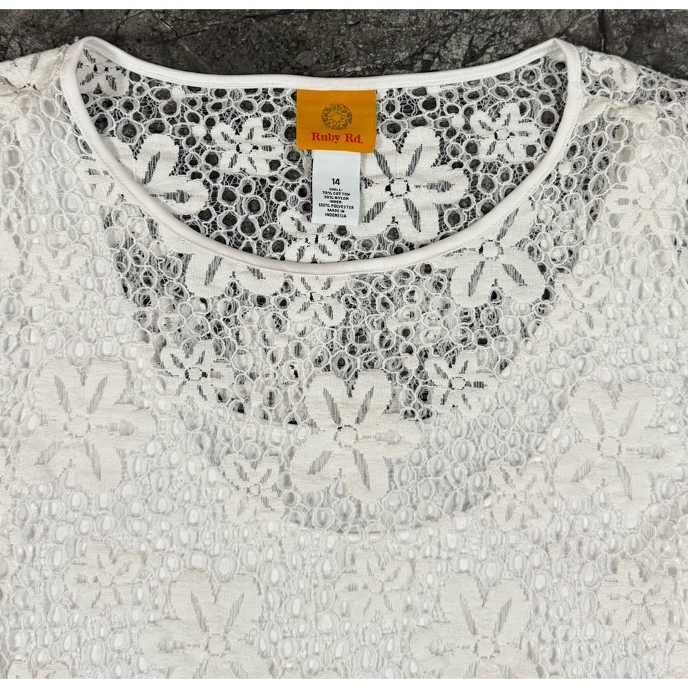 Ruby Rd. Womens Floral Lace Overlay Top w/ Tank Summer Beachy White Sz 14 - Picture 5 of 8
